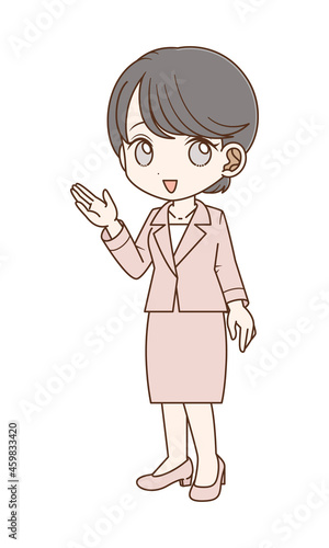 手を差し出すスーツの女性