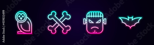 Set line Owl bird, Crossed bones, Frankenstein face and Flying bat. Glowing neon icon. Vector