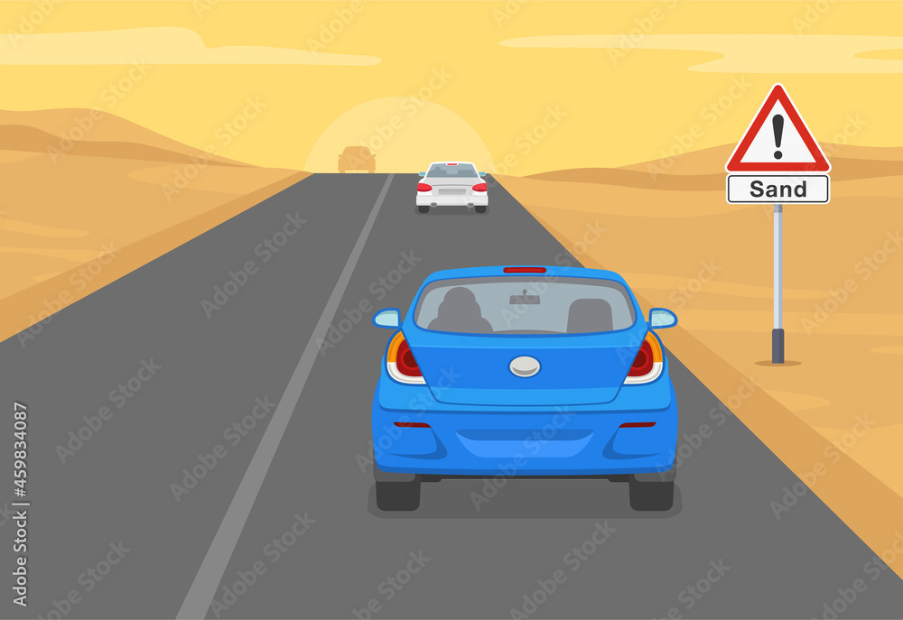 Driving a car. Sand dunes road or traffic sign. Blue car goes up the desert hill on highway. Flat vector illustration template.