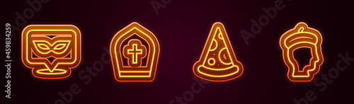 Set line Carnival mask, Pope hat, Slice of pizza and French man. Glowing neon icon. Vector