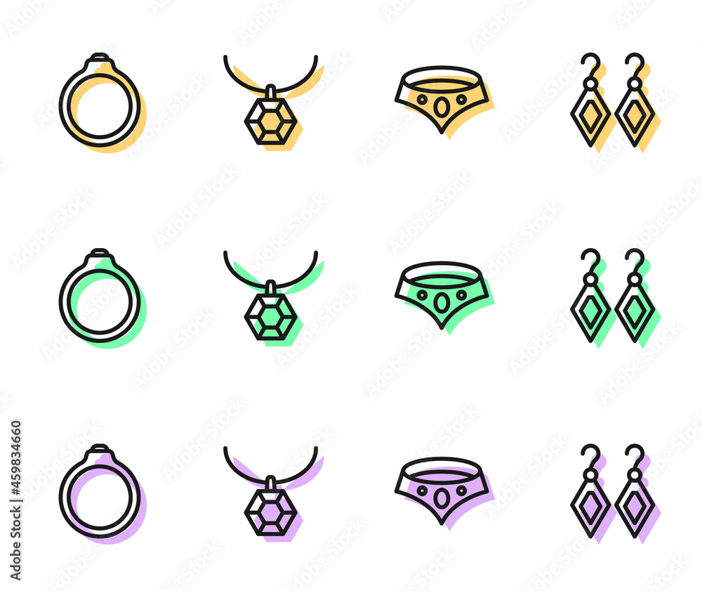 Set line Necklace, Diamond engagement ring, Pendant necklace and Earrings icon. Vector