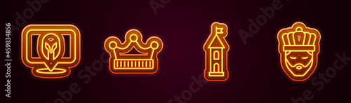 Set line Medieval helmet, King crown, Castle tower and with. Glowing neon icon. Vector