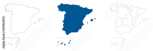 Spain map vector. High detailed vector outline, blue silhouette and administrative divisions map of Spain. All isolated on white background. Template for website, design, cover, infographics. Vector