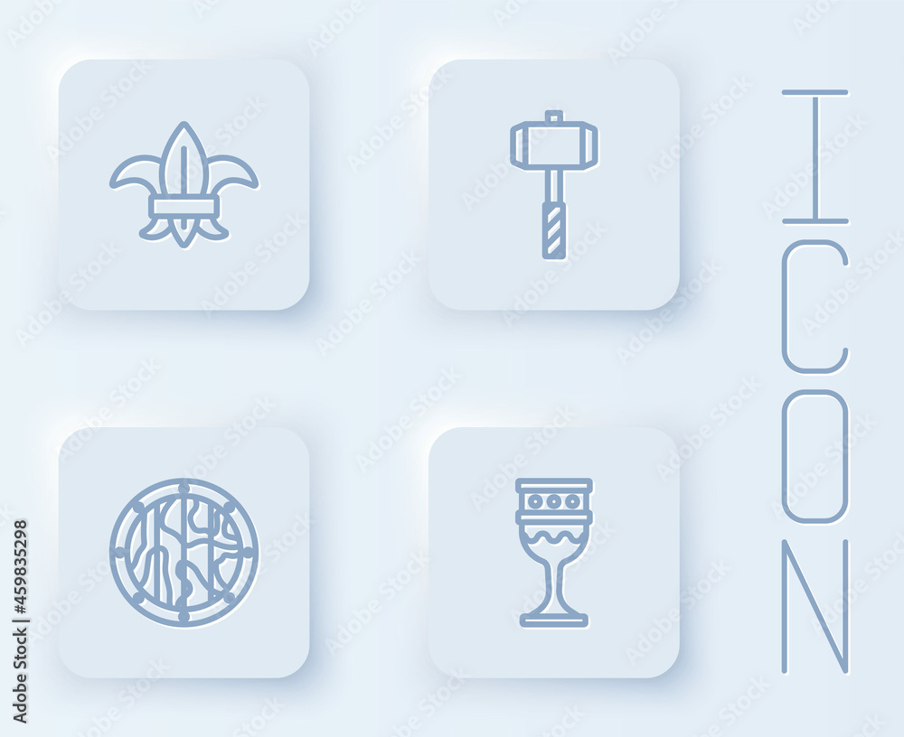 Set line Fleur de lys or lily flower, Battle hammer, Round wooden shield and Medieval goblet. White square button. Vector Set line Fleur de lys or lily flower, Battle hammer, Round wooden shield and Medieval goblet. White square button. Vector