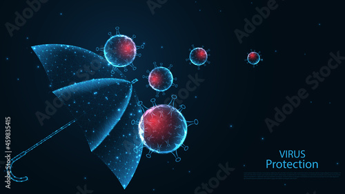 Umbrella with covid-19 coronavirus disease. Stop virus. disease protection. line connection. Low poly wireframe design. Abstract geometric background. vector illustration.