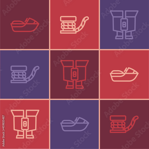 Set line Jet ski, Binoculars and Marine bollard with rope icon. Vector