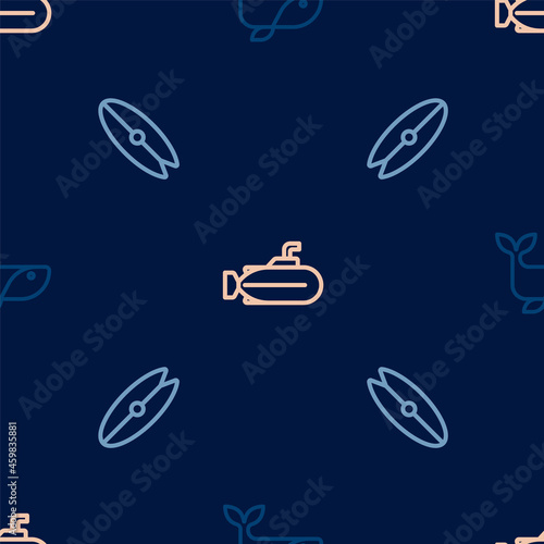 Set line Whale, Surfboard and Submarine on seamless pattern. Vector