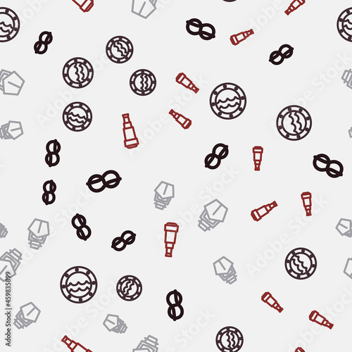 Set line Nautical rope knots, Ship porthole, Yacht sailboat and Spyglass telescope lens on seamless pattern. Vector