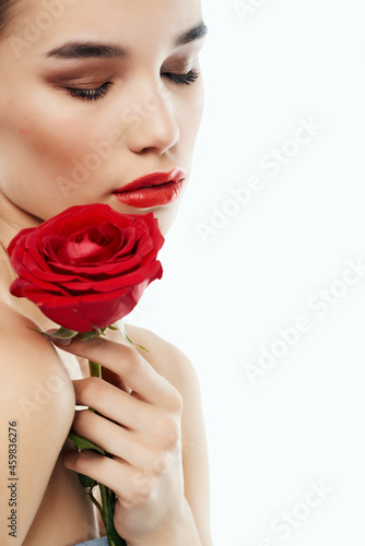 brunette attractive look rose flower Red lips glamor