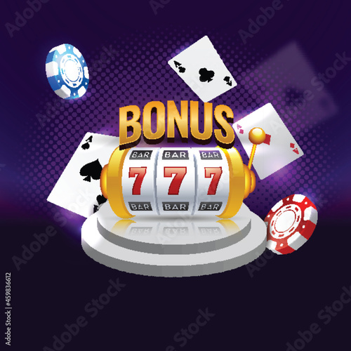 Golden Bonus Text With 3D Slot Machine, Playing Cards And Poker Chips On Purple Background.
