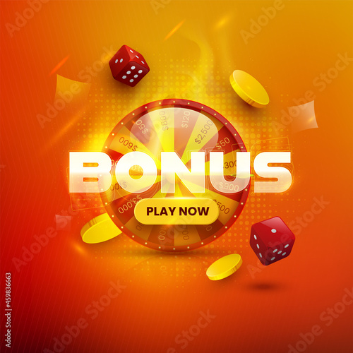 Bonus Text Over 3D Fortune Wheel With Golden Coins, Dices On Orange Halftone Effect Background.