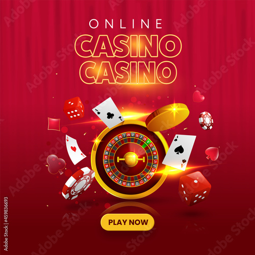 Online Casino Play Now Concept With 3D Roulette Wheel, Golden Coins, Poker Chips, Dice And Playing Cards On Red Background.