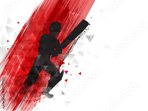 Silhouette Of Batsman Player And Red Brush Effect On White Triangle Elements Background.