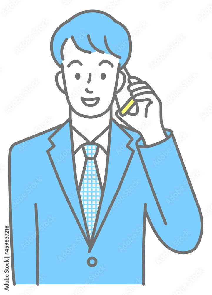Upper body of a young man in a suit talking on a cell phone (colored)