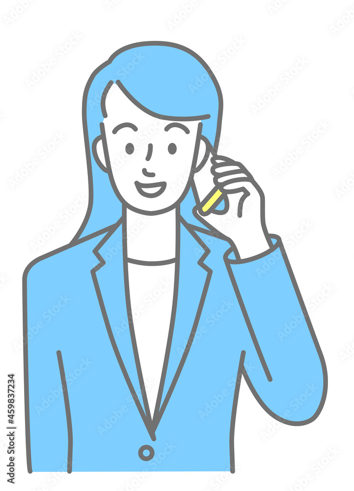 Upper body of a young woman in a suit talking on a cell phone (colored)