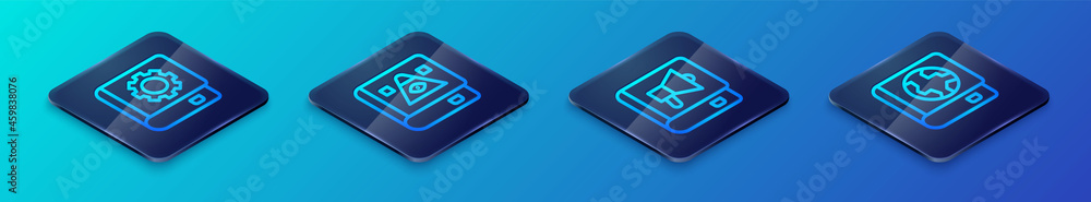 Set Isometric line Book, User manual, Earth globe and book and Ancient magic icon. Vector Set Isometric line Book, User manual, Earth globe and book and Ancient magic icon. Vector