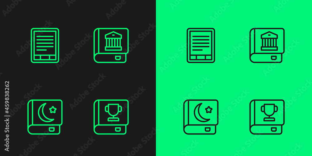 Set line Book, Holy book of Koran, E-Book reader and Law icon. Vector Set line Book, Holy book of Koran, E-Book reader and Law icon. Vector