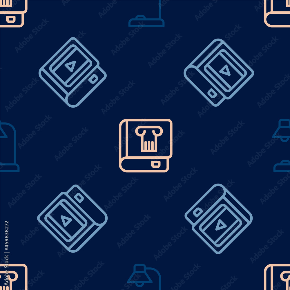 Set line Table lamp, Book about cinema and History book on seamless pattern. Vector Set line Table lamp, Book about cinema and History book on seamless pattern. Vector