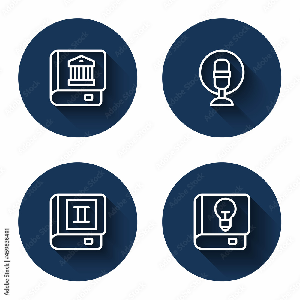 Set line Law book, Microphone, Book and User manual with long shadow. Blue circle button. Vector Set line Law book, Microphone, Book and User manual with long shadow. Blue circle button. Vector