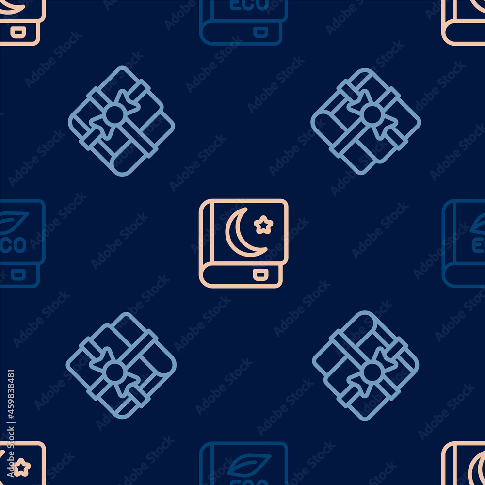 Set line Book about ecology, as gift and Holy book of Koran on seamless pattern. Vector Set line Book about ecology, as gift and Holy book of Koran on seamless pattern. Vector