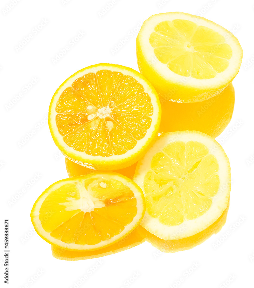 slices of orange and lemon on white background.
