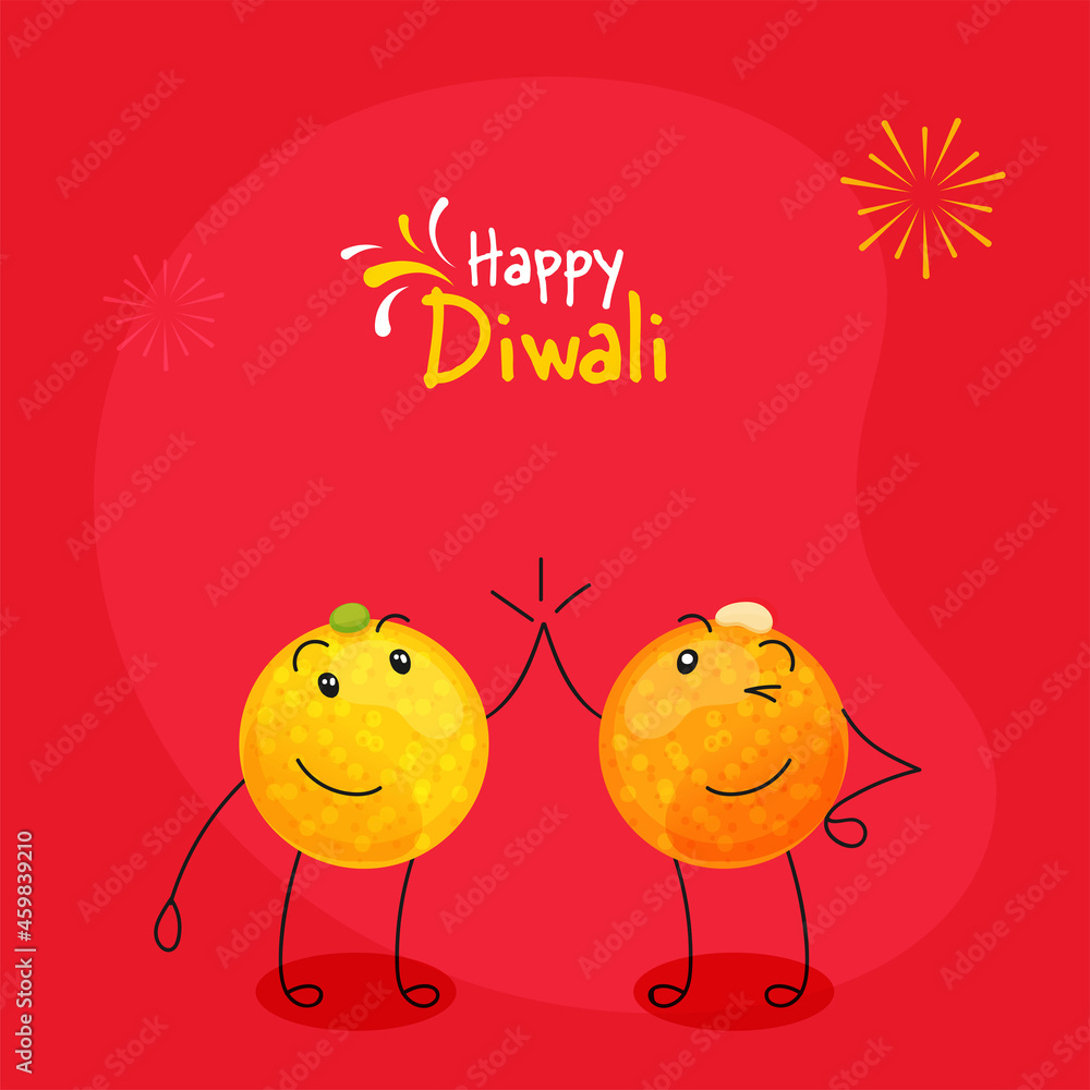 Happy Diwali Celebration Concept With Cartoon Sweet Balls (Laddu) In High  Five Pose On Red Background. Stock Vector | Adobe Stock
