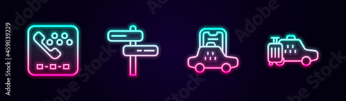 Set line Taxi call telephone service, Road traffic sign, mobile app and car. Glowing neon icon. Vector