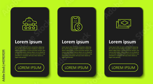 Set line Taxi service rating, Mobile banking and Stacks paper money cash. Business infographic template. Vector