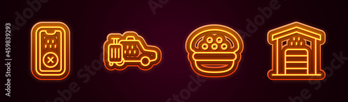 Set line Taxi mobile app, car, driver cap and Garage for taxi. Glowing neon icon. Vector