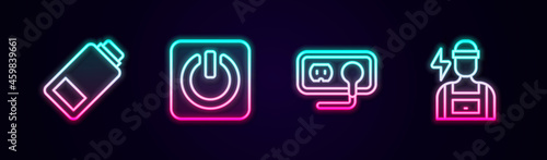 Set line Battery charge, Power button, Electrical outlet and Electrician. Glowing neon icon. Vector