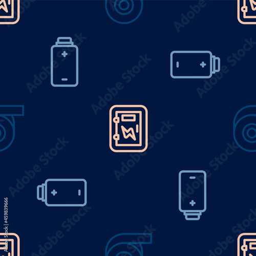 Set line Roll adhesive tape, Battery charge and Electrical panel on seamless pattern. Vector