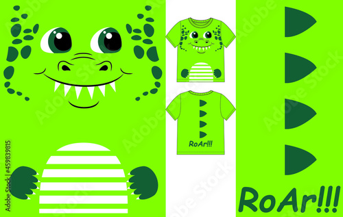 Cute dino smile face and spikes on back. Vector illustration for kids t shirt