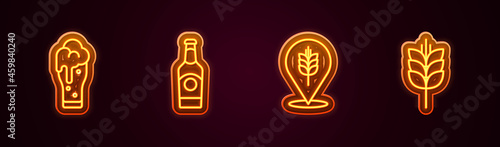 Set line Glass of beer, Beer bottle, Wheat and . Glowing neon icon. Vector