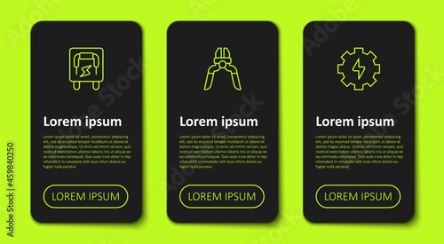 Set line Electrical panel, Pliers tool and Gear and lightning. Business infographic template. Vector