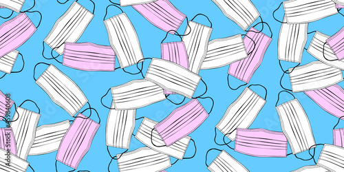 Seamless pattern with pink, white medical face masks. Virus protection, quarantine. Coronavirus pandemic. Covid-19
