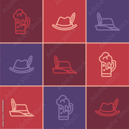 Set line Glass of beer, Oktoberfest hat and icon. Vector