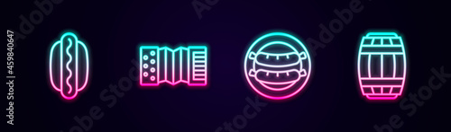 Set line Hotdog sandwich, Accordion, Sausage and Wooden barrel. Glowing neon icon. Vector