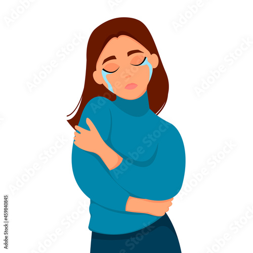 Unhappy woman experiences fear, pain, depression. Vector illustration in flat style.