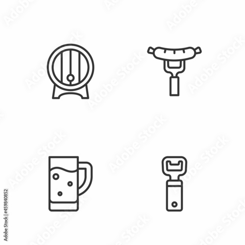 Set line Bottle opener, Glass of beer, Wooden barrel on rack and Sausage the fork icon. Vector