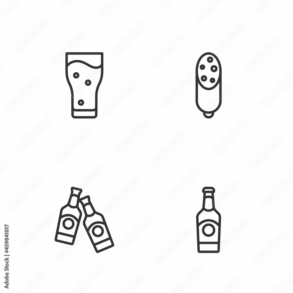 Set line Beer bottle, Glass of beer and Salami sausage icon. Vector Set line Beer bottle, Glass of beer and Salami sausage icon. Vector