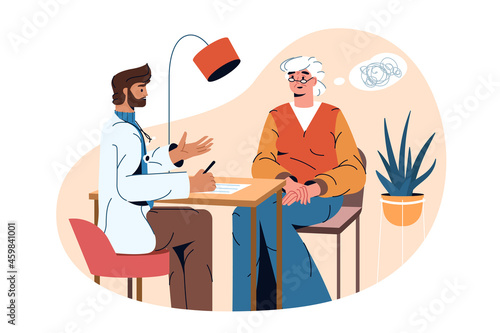 Flat psychiatrist doctor and old patient with alzheimer disease, confusion in head. Psychiatric physician help elderly woman. Treatment of dementia, mental health problems or loss of short-term memory