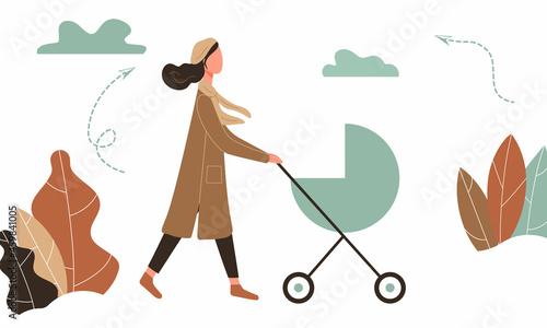 Happy mother on autumn walk with newborn in stroller. Woman pushing pram with child in park. Young mom with baby in pushchair isolated on white background in funky figures style. Vector illustration