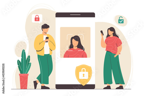 Facial recognition technology concept. Face ID system in smartphone app, biometric identification concept. Man and woman stand with phones and scan faces to verify identity of person and unlock device