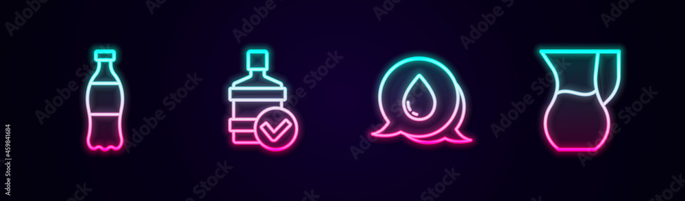 Set line Bottle of water, Big bottle with clean, Water drop speech bubbles and Jug glass. Glowing neon icon. Vector Set line Bottle of water, Big bottle with clean, Water drop speech bubbles and Jug glass. Glowing neon icon. Vector