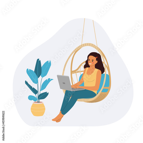 Young woman sitting on the rattan swing chair with laptop. Home office. Vector flat style cartoon illustration