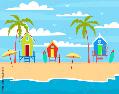 Illustration with beach houses on the seashore. Vacation by the sea - beach, sea, houses, palm trees, sand, sun.