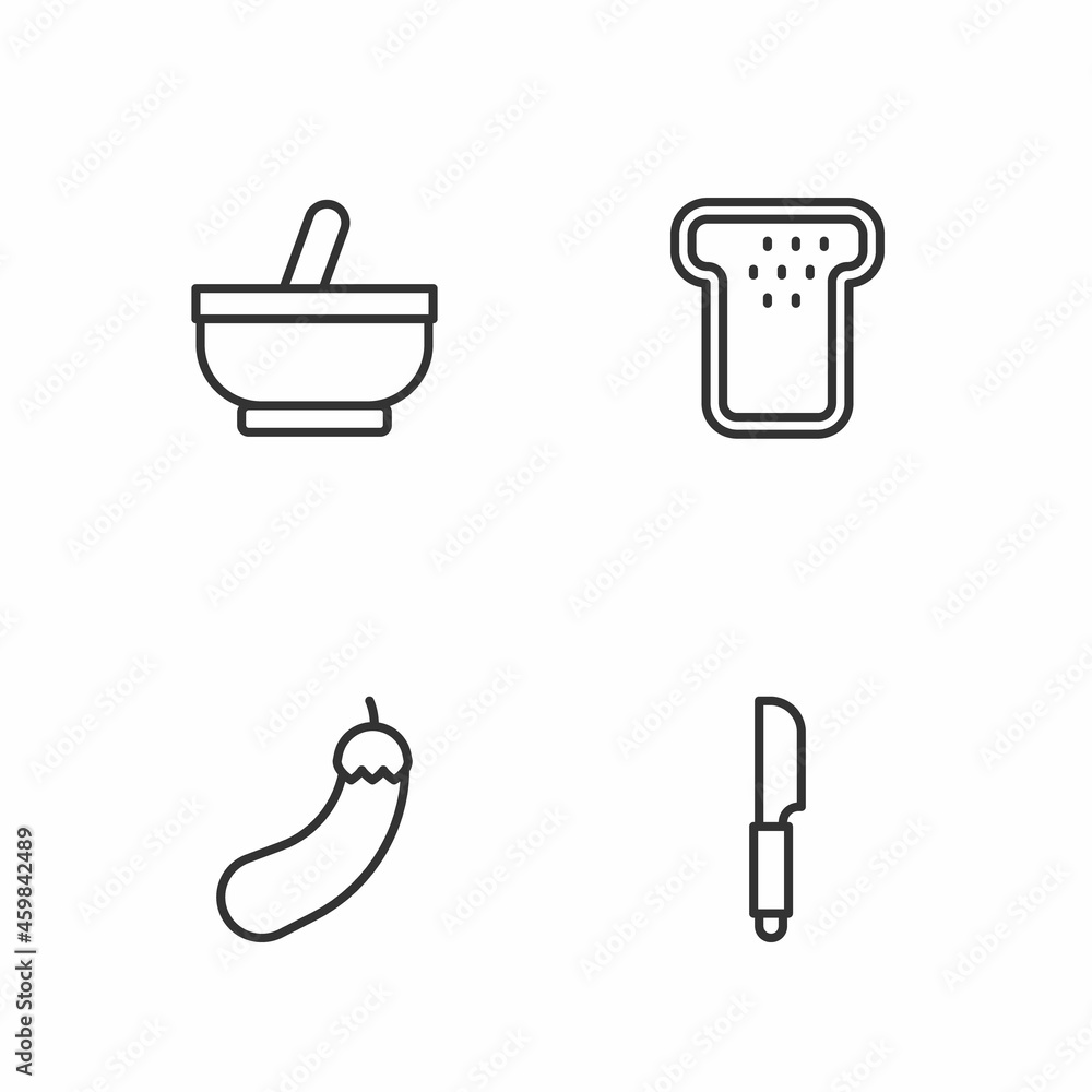 Set line Knife, Eggplant, Mortar and pestle and Bread toast icon. Vector Set line Knife, Eggplant, Mortar and pestle and Bread toast icon. Vector