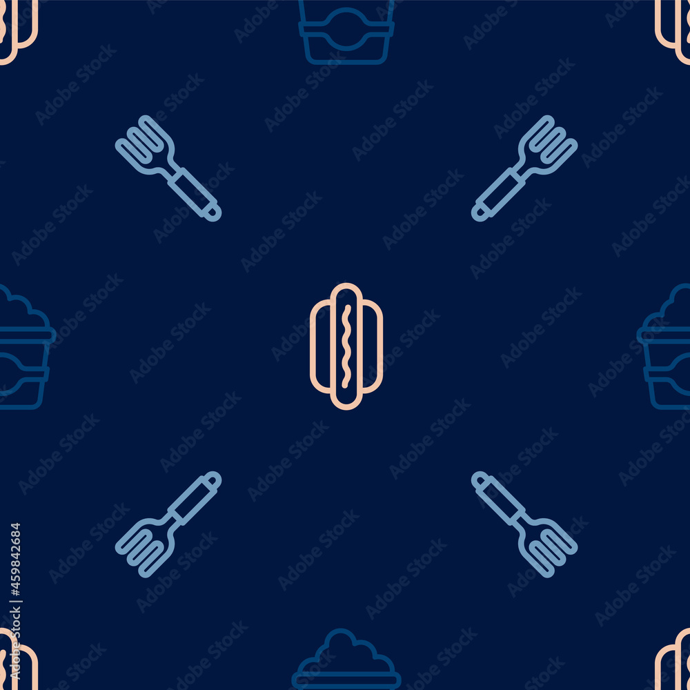 Set line Popcorn in cardboard box, Fork and Hotdog on seamless pattern. Vector Set line Popcorn in cardboard box, Fork and Hotdog on seamless pattern. Vector
