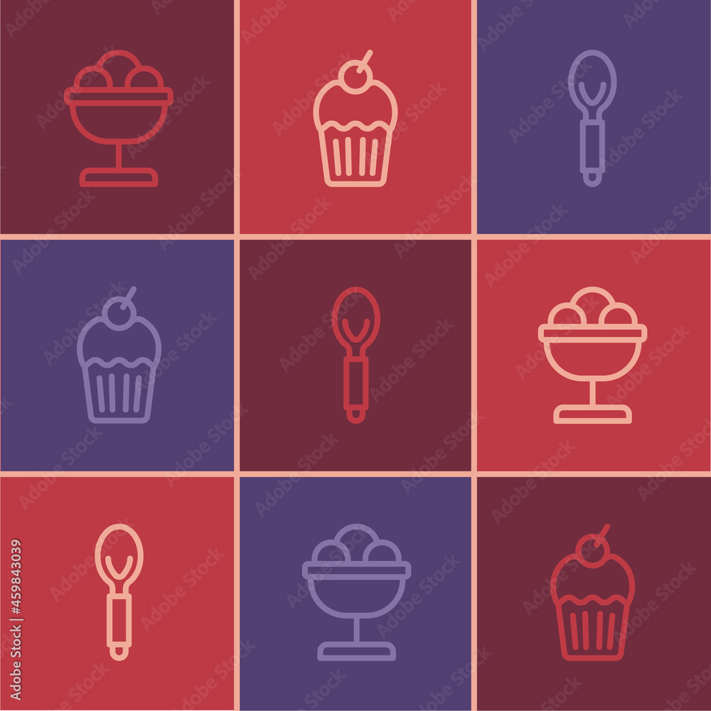 Set line Ice cream in the bowl, Spoon and Muffin icon. Vector Set line Ice cream in the bowl, Spoon and Muffin icon. Vector