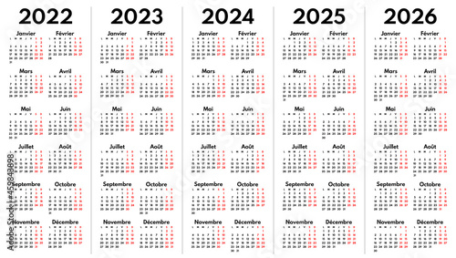 2022 2023 2024 2025 2026 full years french language calendar grids, vertical layout